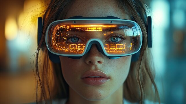 A young woman uses virtual reality technology, depicted in a close-up portrait, showcasing immersive digital experiences.