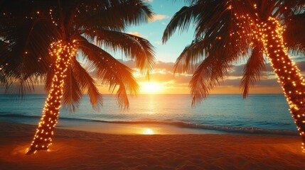 Palm Trees Adorned with Lights on a Beach at Sunset