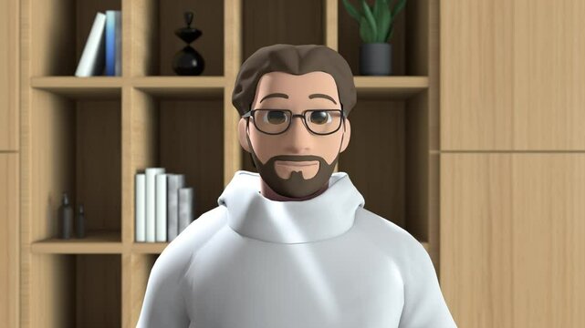 Animated Avatar With Glasses and Beard in a Virtual Meeting, Showcasing Advanced Interactive Technology and Gestures. Ideal for Remote Communication and Online Collaboration in a Digital Workspace.