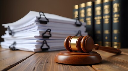 Obraz premium Gavel and Legal Documents on Wooden Table