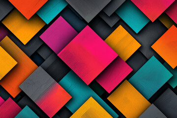 A vibrant abstract composition featuring colorful geometric shapes layered over a dark background.