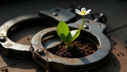 A flower grows from soil, nestled inside handcuffs, symbolizing hope amidst restrictions