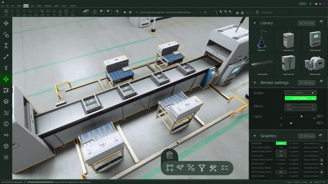 Screen Replacement Software Mockup: Advanced Manufacturing Factory: 3D CAD Software Renders Automated Production Line With Robotic Arms, assembly Conveyors. Moving and Optimizing Machinery