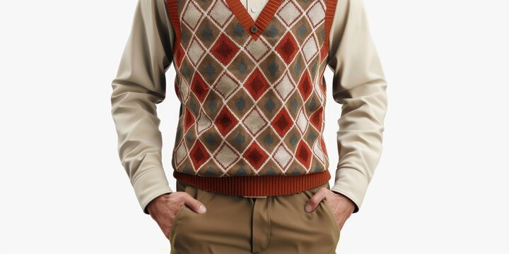 A man modeling a brightly colored vintage sweater vest with intricate patterns, showcasing the fashion-forward style and warmth it provides.