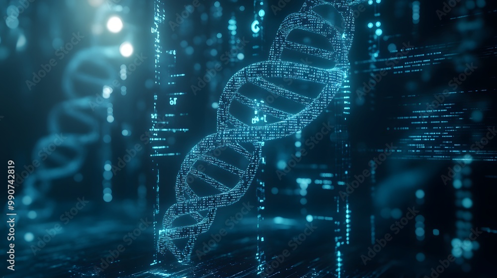Poster digital representation of a dna double helix with binary code