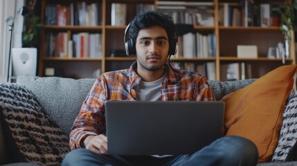A man with headphones on, working on his laptop. He is in a comfortable living room environment, possibly enjoying a leisurely or productive work session from the comfort of his home.