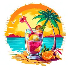 Illustration of a fruit cocktail, cocktail on the beach