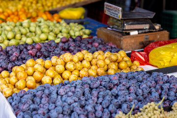 A colorful arrangement of fresh fruits fills the wooden stalls in a bustling market, highlighting the seasonal bounty. Varieties of grapes, plums, and berries create an inviting scene.