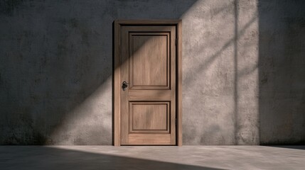 A door is open in a concrete room with sunlight coming through, AI