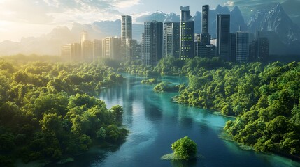 Obraz premium An artistic representation of a balanced ecosystem, showing the coexistence of green forests, clear waters, and advanced cities powered by renewable energy. Highlight natural resources harmonizing wit