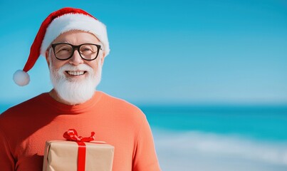 Obraz premium Cheerful man wearing Santa hat, holding gift by the beach, celebrating Christmas in a sunny environment.