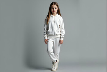 A young girl is dressed in a stylish white hoodie and matching white sweatpants