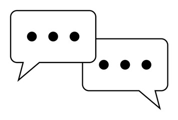 Two overlapping speech bubbles with ellipses inside each. Ideal for communication, conversation, dialogue, messaging, social interaction. Black lines, white fill. Minimalist style.