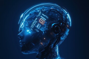 Futuristic cyborg head with illuminated circuitry.