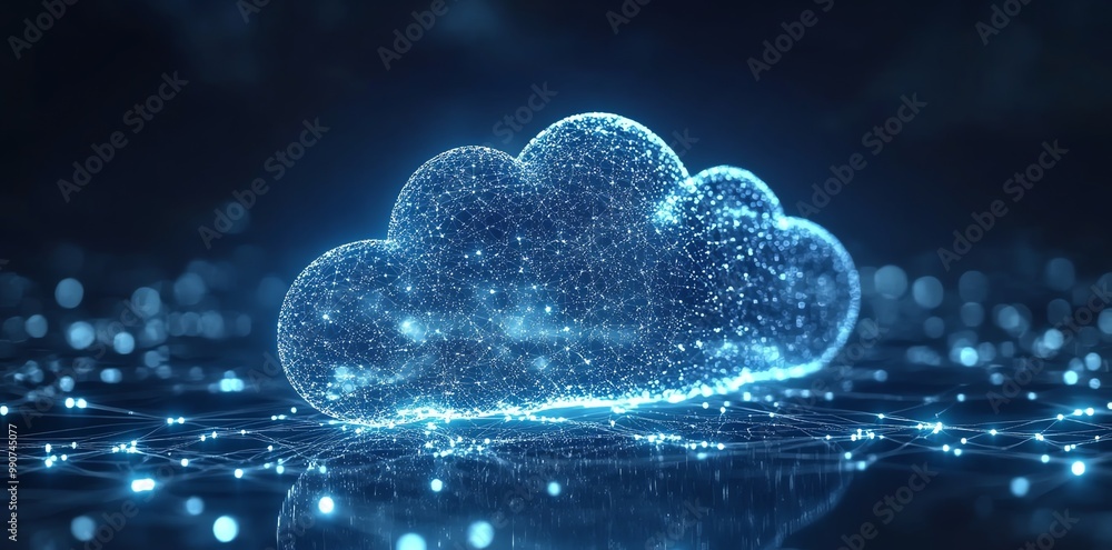 Poster abstract 3d cloud icon glowing with blue light on a dark background with connected lines and bokeh.