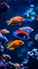 Fototapeta premium A group of colorful tropical fish swimming in the water, with vibrant colors and beautiful coral reefs around them