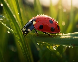 Fototapeta premium Ladybugs on dewy grass in bright sunlight. Perfect for nature blogs, gardening magazines, children's books, and educational materials. Generative AI