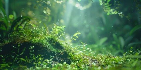 Peaceful and serene jungle forest scene with misty light filtering through the trees onto vibrant green plants and moss. A place of tranquility and natural beauty.