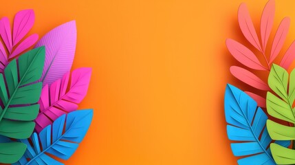 Fototapeta premium Colorful paper leaves arranged on a vibrant orange background.