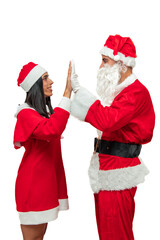 vertical Santa Claus and his wife high-fiving white background