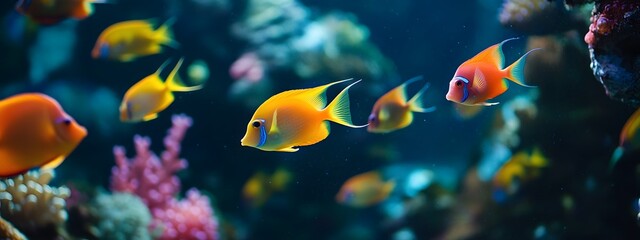 A group of colorful tropical fish swimming in the water, with vibrant colors and beautiful coral reefs around them