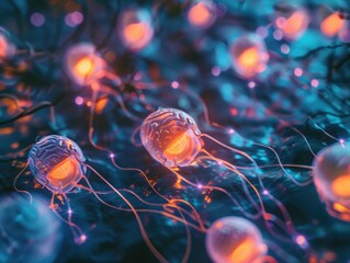 Vivid underwater scene of jellyfish glowing in a deep ocean environment. Beautiful marine life at night.