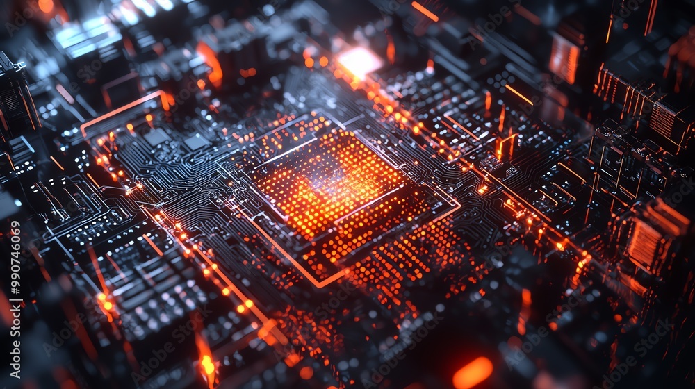 Poster Close-up of a glowing circuit board with orange lights.