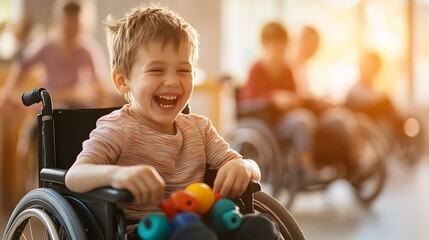 Multiethnic kids in wheelchairs playing with colorful toys in a bright rehab center, sunlight pouring through large windows, smiles and laughter, Digital painting, Warm tones