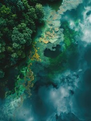 Fototapeta premium Freshwater lake with green plants and misty atmosphere
