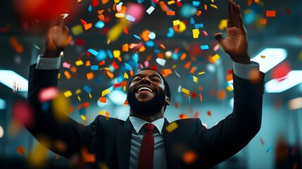 Office celebration, Black man in a suit dancing with joy, confetti falling, modern office backdrop, glass walls. Realistic style, natural lighting, sharp detail, motion blur on confetti