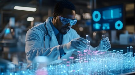 Pharmacist handling medical vials on a conveyor belt, surrounded by digital AI analytics and glowing blue holograms, African American, Sci-Fi, Neon