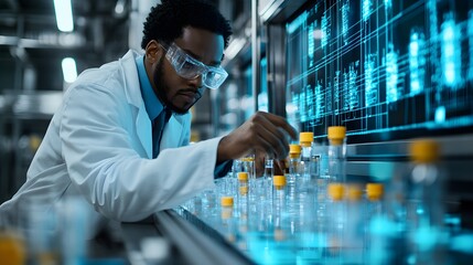 Pharmacist handling medical vials on a conveyor belt, surrounded by digital AI analytics and glowing blue holograms, African American, Sci-Fi, Neon