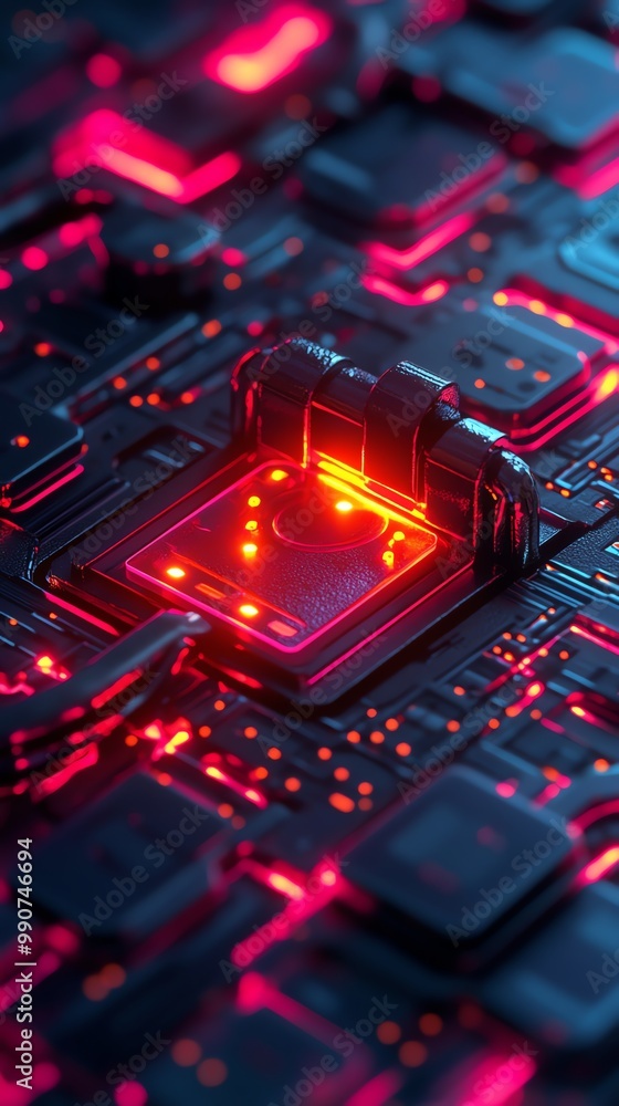 Poster abstract futuristic cyberpunk background with glowing red lines and a square circuit board.