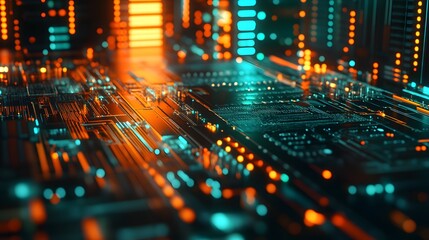 Obraz premium Futuristic Circuit Board with Orange and Teal Lights