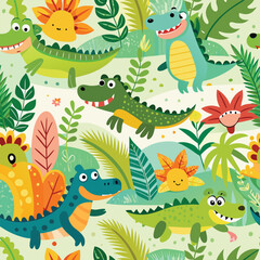 Seamless pattern with cute cartoon colorful crocodiles. Childish jungle vector texture.