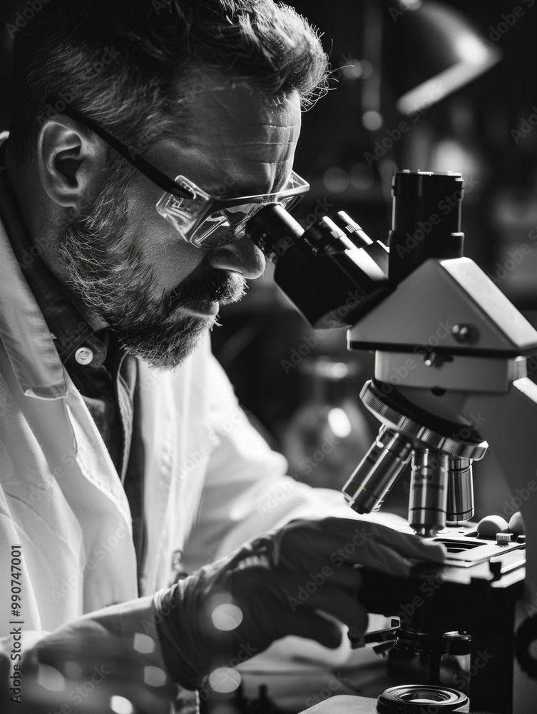 Aufkleber a scientist in a lab setting focused on conducting an experiment through a microscope, examining sam