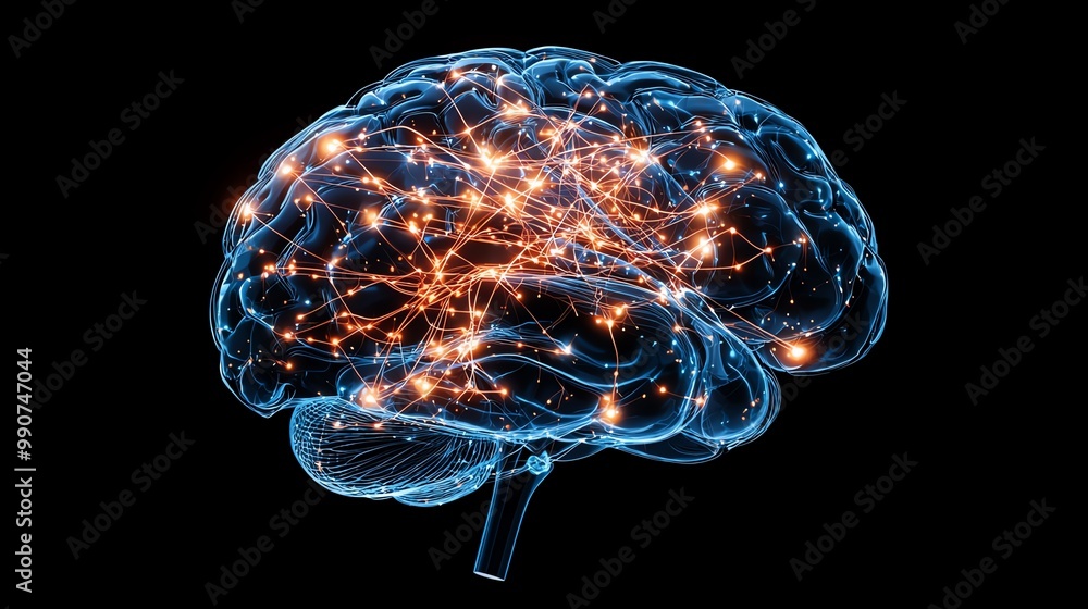 Poster brain with glowing neural connections, black isolated background