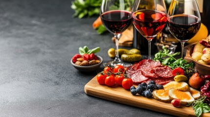 Elegant Charcuterie Board with Red Wine and Fresh Ingredients