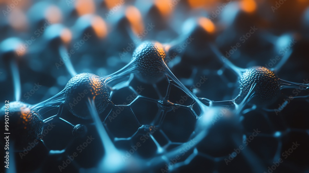 Poster abstract 3d rendering of a complex network of interconnected spheres with a blue and orange gradient