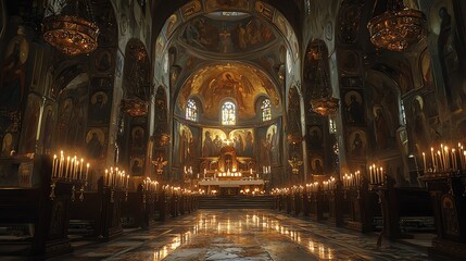 Fototapeta premium Ornate church interior with candles and stained glass.