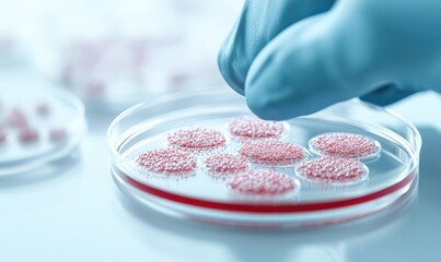 Hand with glove placing samples in a petri dish,