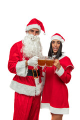 vertical Santa Claus and his wife toasting with glasses of beer celebrate Christmas white background