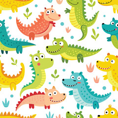 Seamless pattern with cute cartoon colorful crocodiles. Childish jungle vector texture.