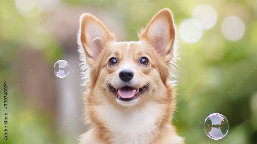 Poster A dog is looking up at the bubbles in front of him, AI