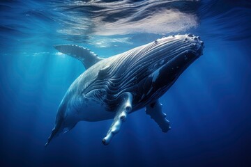 Obraz premium Humpback whales swim gracefully, gliding across the blue sea with sunlight penetrating the water, surrounded by schools of fish. Generative AI