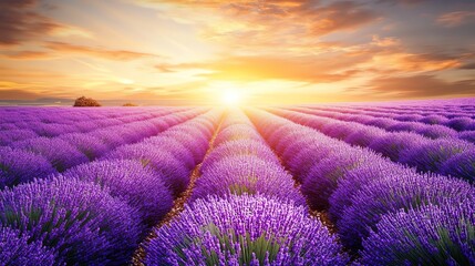 Obraz premium Sunrise over a field of lavender flowers.