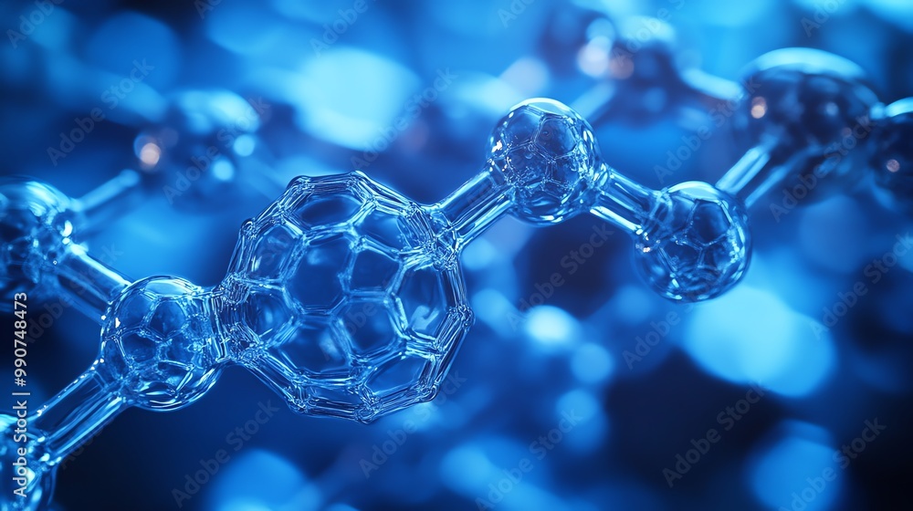 Poster abstract blue molecular structure with hexagonal shape.