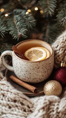 Enjoy a comforting cup of hot tea with lemon slices and honey, perfect for winter relaxation