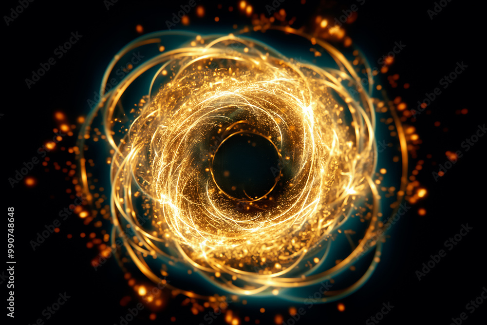 Poster a vibrant golden swirl radiates energy, surrounded by luminous particles, creating a mesmerizing eff