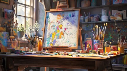 An artist's studio with a paint-splattered easel.